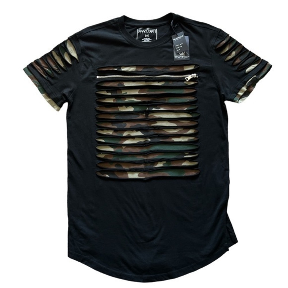 NEW Switch Remarkable Women's Razor Cut Shred Zipper Short Sleeve Camo T-shirt M